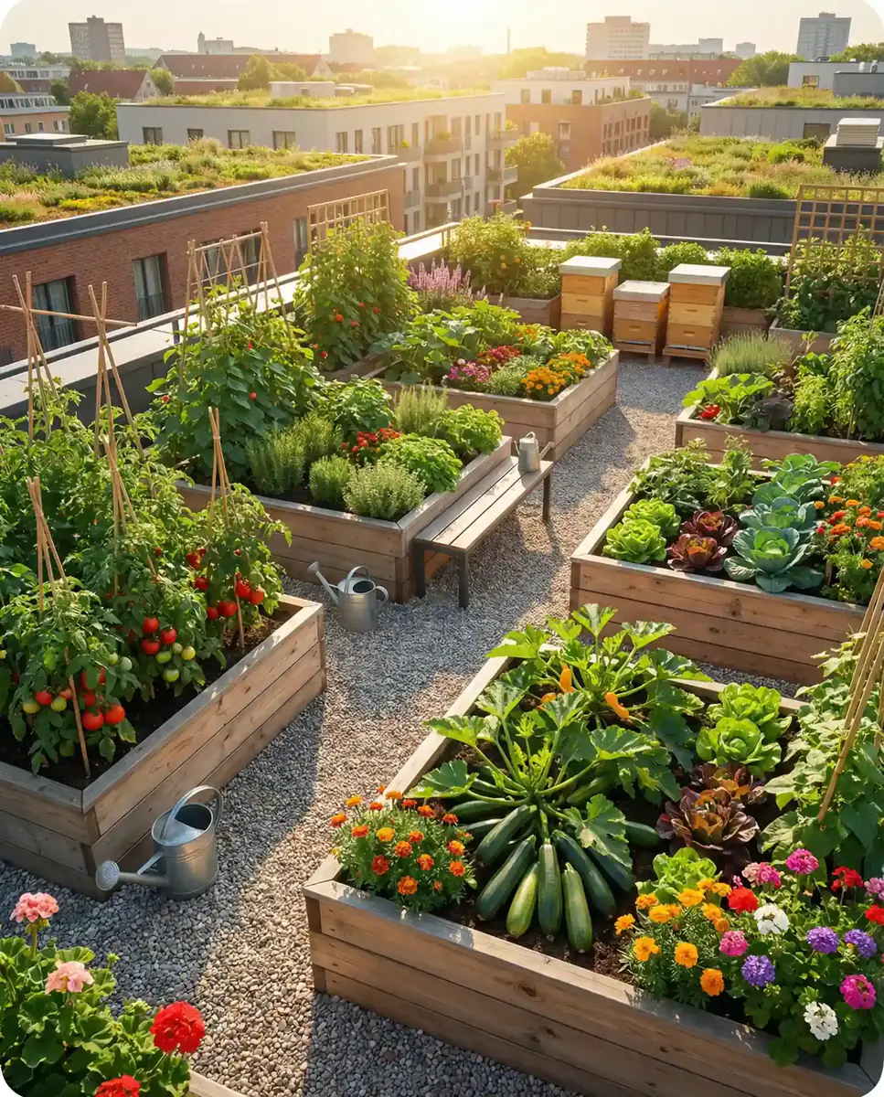 Dachgarten mit Gemüsebeeten und heimischen Pflanzen auf einem GrünWohnen Gebäude
