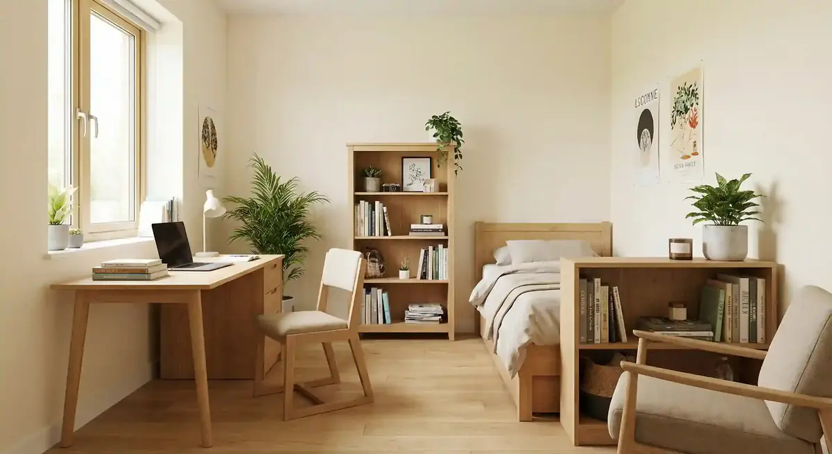 Helles Studentenzimmer mit Holzmöbeln (Aalen)