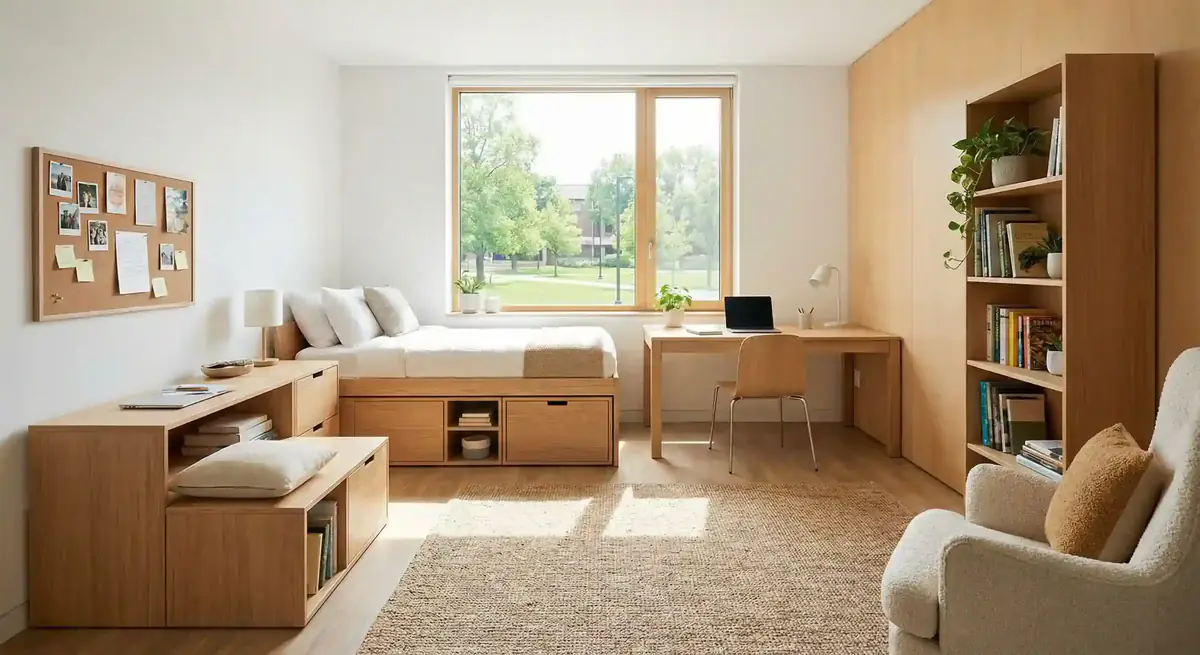Helles Studentenzimmer mit Holzmöbeln