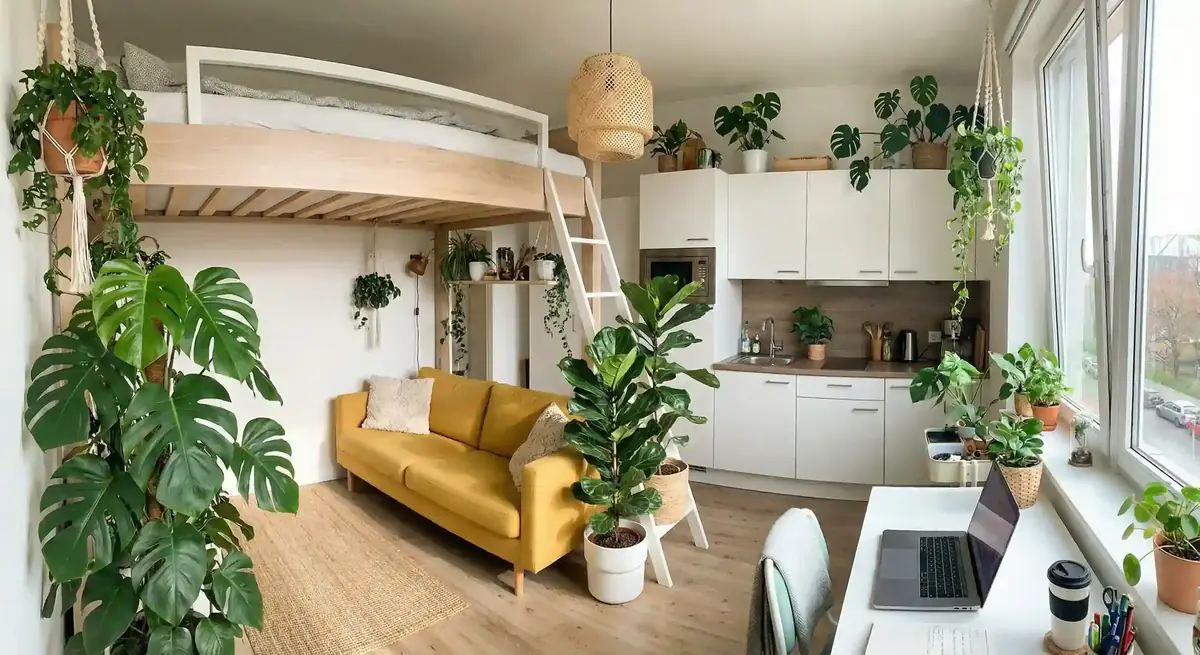 Modernes Studenten-Apartment mit Pflanzen